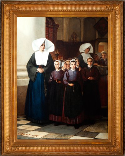 Tablo. İmza ve tarih: Constant Meunier 1864. Yetimler. Tuval üzerine yağlıboya. detay. by Constantin Emile Meunier