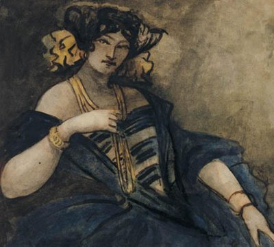 Oturan, zarif giyimli kadın, yarım figür by Constantin Guys