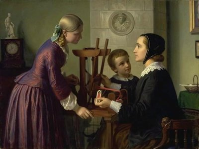 Bir ev hanımı goblenin başında iki çocukla konuşuyor by Constantin Hansen
