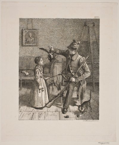 Küçük bir kıza avını gösteren bir avcı by Constantin Hansen