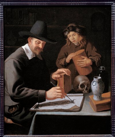 Ressam ve öğrencisi. Bir çırak, ustasının bir defter üzerinde çizimini gözlemler. Constantin Verhout (veya Voorhout) tarafından yapılan boyama (Vanite) by Constantin Verhout or Voorhout