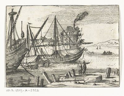 İki yelkenli gemi ve bir kalyon ile liman manzarası, rıhtımda duran iki adam Manzaralar ve Denizciler (dizi başlığı) by Cornelis Bol (attributed to)