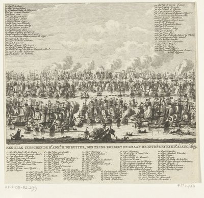 Kijkduin Savaşı, 1673 Hr arasındaki Deniz Savaşı. yönetici. M. de Ruiter, Prens Robbert ve Kont de Estrée, Kykdn tarafından. 21 Ağustos 1673 (nesne üzerindeki başlık) by Cornelis Brouwer