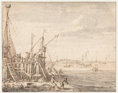 Balıkçıların ağlarını çektiği liman başı by Cornelis Claesz  van Wieringen