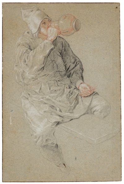 Oturmuş bir adam elinde bir pipo tutarak toprak bir tankarddan içiyor (kağıt üzerine tebeşir) by Cornelis Dusart