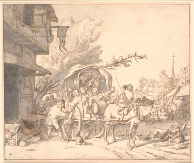 Bir barın önünde bir vagonda boğulan köylülerle pazar sahnesi by Cornelis Dusart