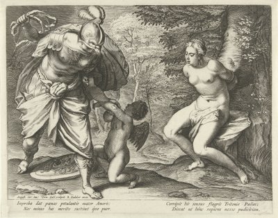 Venüs bir ağaca bağlı ve Amor Minerva tarafından cezalandırılıyor by Cornelis Galle (I)