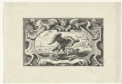 Kendi kanıyla yavrusunu besleyen pelikanlı vinyet by Cornelis Galle (II) (attributed to)