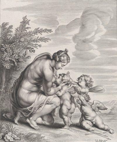 Venüs bir manzarada üç Aşk Tanrısı besliyor, yaklaşık. 1627-78. by Cornelis Galle II