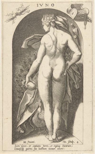 Tavus kuşu ile Juno Ivno (nesne üzerindeki başlık) Antik Tanrılar (seri başlığı) by Cornelis Jacobsz. Drebbel
