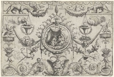 Bir bezin altında diz çökmüş üç figürlü süsleme by Cornelis Massijs (attributed to)