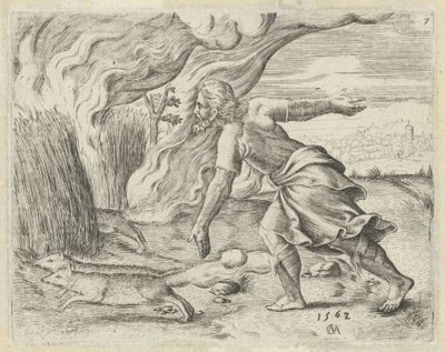 Şimşon Filistlilerin mısır tarlalarını ateşe veriyor Samson Tarihi (dizi başlığı) by Cornelis Massijs