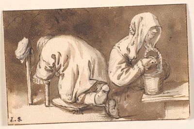Diz çökmüş bir adam ve sepetli bir kadın by Cornelis Pietersz Bega