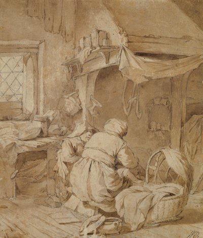 Çiftçi, Beşik ve Çocuklu Çiftlik Evi Salonu, c.1654 (kağıt üzerinde kalem ve mürekkep ve kurşun kalem üzerine fırça) by Cornelis Pietersz Bega