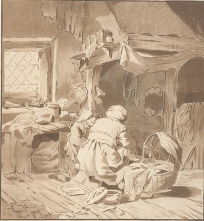 İki kadın ile çiftlik evi iç by Cornelis Ploos van Amstel (signed by artist)