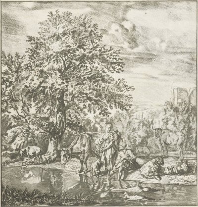 Bir nehir tarafından sürü ile çoban ve çoban kız Baskı çalışması (seri başlığı) by Cornelis Ploos van Amstel