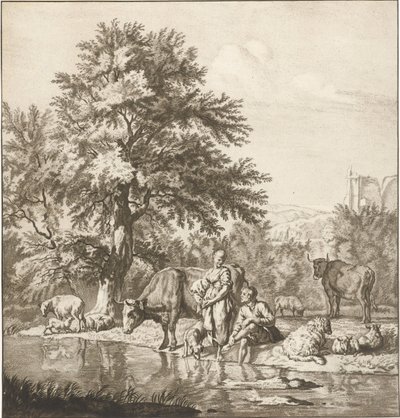 Bir nehir tarafından sürü ile çoban ve çoban kız Baskı çalışması (seri başlığı) by Cornelis Ploos van Amstel