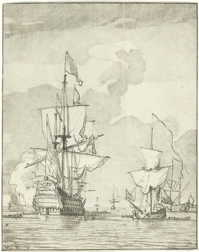 Savaş gemisi ateş ediyor by Cornelis Ploos van Amstel