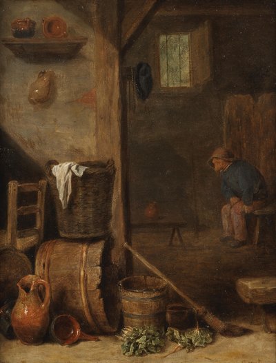 Bitişik odada oturan bir figürün yer aldığı bir mutfak iç mekanı by Cornelis Saftleven
