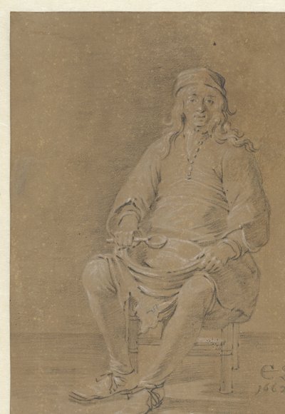 Kucağında bir kase ile oturan adam by Cornelis Saftleven