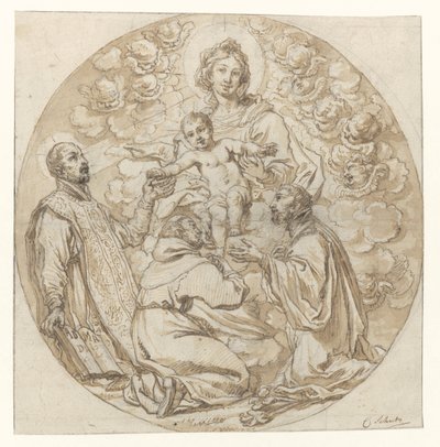Loyolalı Aziz Ignatius, Aziz Francis Xavier ve Kutsal Keşiş Tarafından Tapılan Bakire ve Çocuk by Cornelis Schut (I)