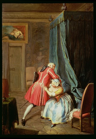Bir Çift Cavorting ile Bir Yatak Odasının İçi by Cornelis Troost