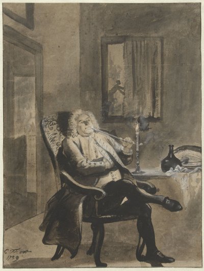 Dışarıdaki Evler Alev Alırken Mum Işığında Pipo İçen Oturan Adam by Cornelis Troost