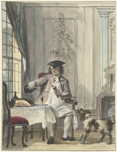 Adam bir kadeh şarap ve bir kemik ile yemek by Cornelis Troost