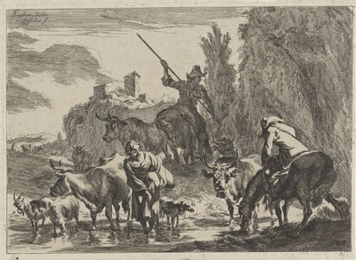 Sığırlı çobanlar bir dereden geçiyor Manzaralar (dizi başlığı) by Cornelis Visscher (II)