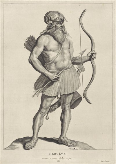 Herulian Herulus (nesne üzerindeki başlık) Oude hier woonachtige volken (dizi adı) Peplus veya Gotlar, Vandallar, Swabianlar, Heruli, Gepidler, Marcomanni ve antik anıtlardan ve Marcus Zuerius Boxhornius müzesinden antik Dörtlü Görüntüler (seri baştankara by Cornelis Visscher (II)
