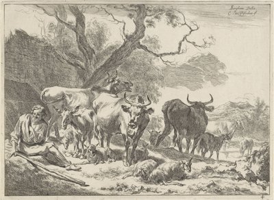 Yaşlı çoban sürüsü ile dinleniyor Manzaralar (dizi başlığı) by Cornelis Visscher (II)
