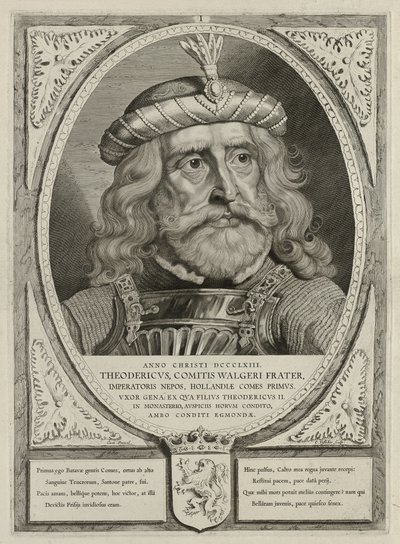Dirk I, Hollanda Kontu, zırh içinde. Çerçeve Hollanda arması ile süslenmiştir. NL-HlmNHA 1477 53012894 by Cornelis Visscher