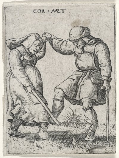 Ayağı Sargılı Bir Adam Bir Kadınla Dans Eder, 1572 (kağıt üzerine gravür) by Cornelis after Massys