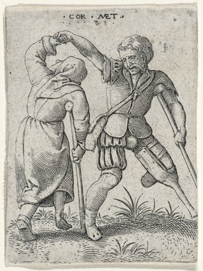Tahta Bacaklı Bir Adam Topal Bir Kadını Kolunun Altına Çeviriyor, 1572 (kağıt üzerine gravür) by Cornelis after Massys