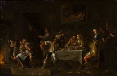Bayanlar ve Baylar bir masanın etrafında ziyafet çekiyor, c.1612-67 (yağ, tuval ve kağıt) by Cornelis de (attr. to) Wael
