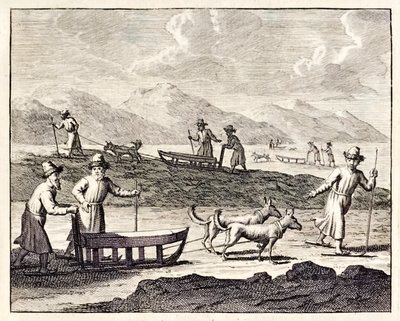 Sibirya'da Köpek kızaklarıyla seyahat eden Ruslar.”, 'Voyages de Corneille le Brun'dan. 1718 by Cornelis de Bruyn