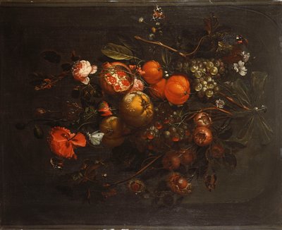 Bir Niş İçinde Bir Çividen Sarkan Meyve ve Çiçek Buketi by Cornelis de Heem