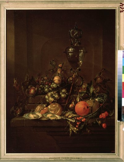 "Kademeli natürmort" (Kademeli natürmort) Portakal, limon, ceviz, fındık, kestane (kestane?), istiridye, bezelye, kuş üzümü, salyangoz, kiraz Boyama Cornelis de Heem ( 1631-1695) 1680 civarında Puşkin Müzesi, Mo by Cornelis de Heem