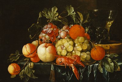 Kalaylı Tabakta Şeftali, Portakal, Üzüm ve Langoustines ve Kısmen Dökümlü Bir Çıkıntıda Bir Kutuda Konik Roemer, by Cornelis de Heem