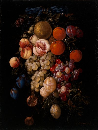 Mavi Kurdeleli Bir Çividen Sarkan Üzüm, Kiraz ve Eriklerin Natürmortu by Cornelis de Heem