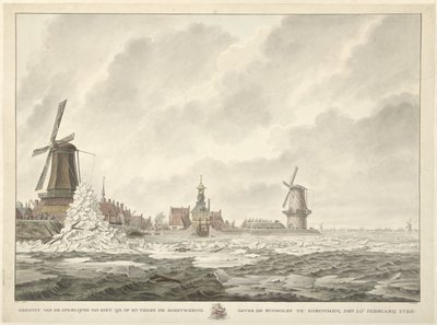 20 Şubat 1799, Gorinchem'deki Runmolen'in arkasındaki korkuluk üzerinde ve karşısında buzun hilalinin görünümü by Cornelis de Jonker