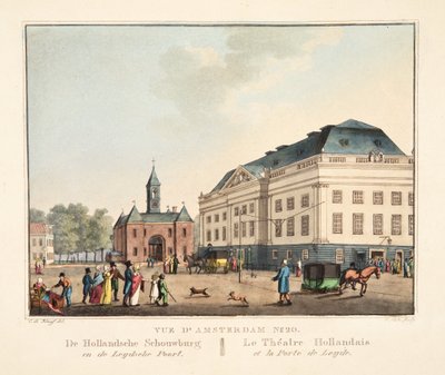 20 numaralı Amsterdam manzarası. De Hollandsche Schouwburg ve Leydsche Poort. Hollanda Tiyatrosu ve Leyden Limanı, 1825 (el renkli gravür) by Cornelis de Kruyff