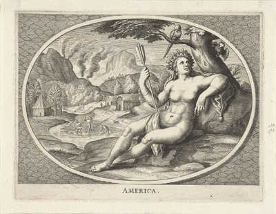 Amerika kıtasının bir manzarada tüy başlıklı ve oklu bir kadın olarak kadın kişileştirilmesi Amerika (nesne üzerindeki başlık) by Cornelis van Dalen (II)