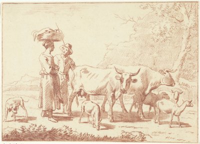 Çoban ve inek ve koyun olan bir kadın by Cornelis van Noorde