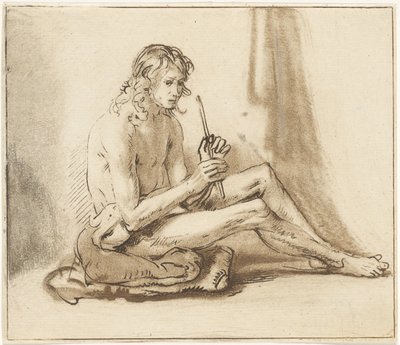 Flüt ile oturan çıplak adam by Cornelis van Noorde