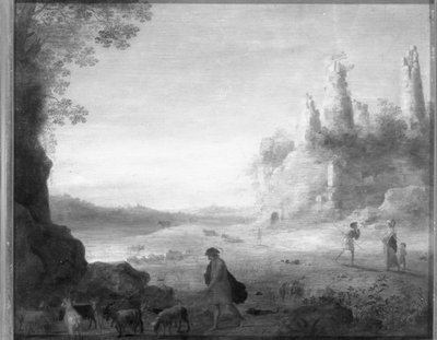 Yıkık bir kalenin yakınında bir keçi çobanı olan Diana ve Callisto ile İtalyan manzarası by Cornelis van Poelenburgh or Poelenburch