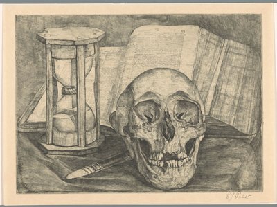 Kafatası, kum saati, kitap ve bıçakla natürmort by Corrie Pabst (signed by artist)