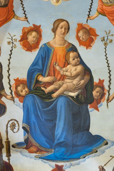 Görkemli Çocuklu Madonna, Aziz Ambrose, Assisili Aziz Francis, Baba Tanrı ve meleklerin, Altarpiece, detay (fresk) by Cosimo Rosselli