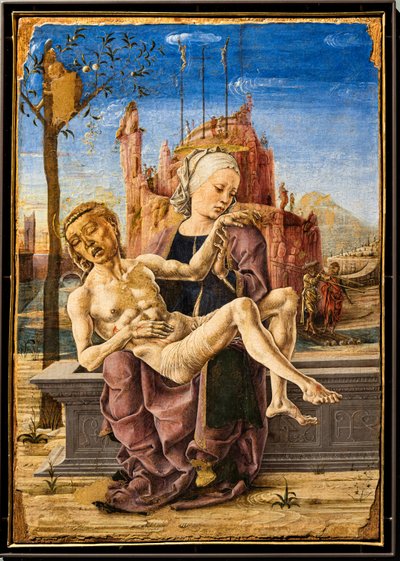 Ağıt, Cosmé Tura, c.1460. Resmin sol üst kısmında, bir elma ağacının dallarına tutunmuş bir maymun gösterilmektedir. İyilik ve Kötülük ağacına ve dünyevi Cennette İblis