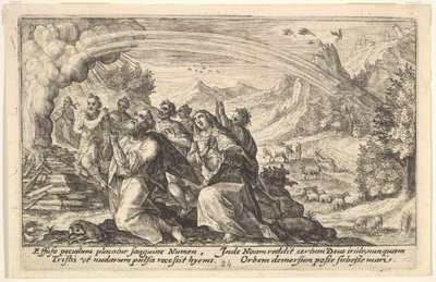 Tanrı Nuh ile bir antlaşma yapar: Nuh dumanı tüten bir odun yığınının yanında diz çöker s..., 1612. by Crispijn de Passe I